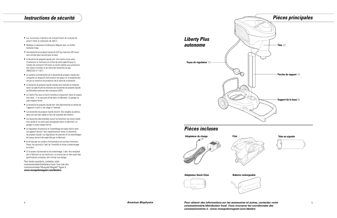 Mosquito Magnet LIBERTY PLUS manual Pièces principales Liberty Plus Autonome, Pièces incluses, Adaptateur de charge Filet 