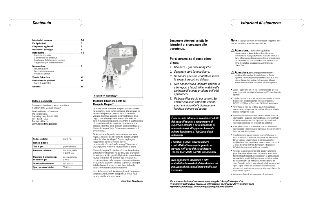 Mosquito Magnet LIBERTY PLUS manual Contenuto Istruzioni di sicurezza, Dubbi o commenti 