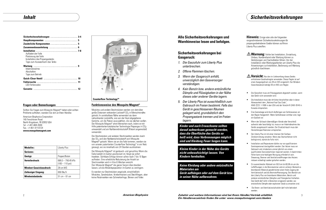 Mosquito Magnet LIBERTY PLUS Inhalt, Sicherheitsvorkehrungen, Fragen oder Bemerkungen, Funktionsweise des Mosquito Magnet 