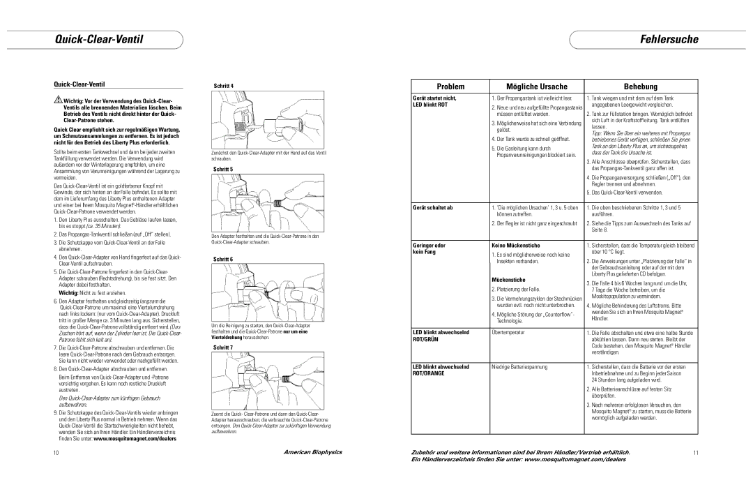 Mosquito Magnet LIBERTY PLUS manual Quick-Clear-Ventil, Fehlersuche, I c k C l e a r- Ve n t i l 