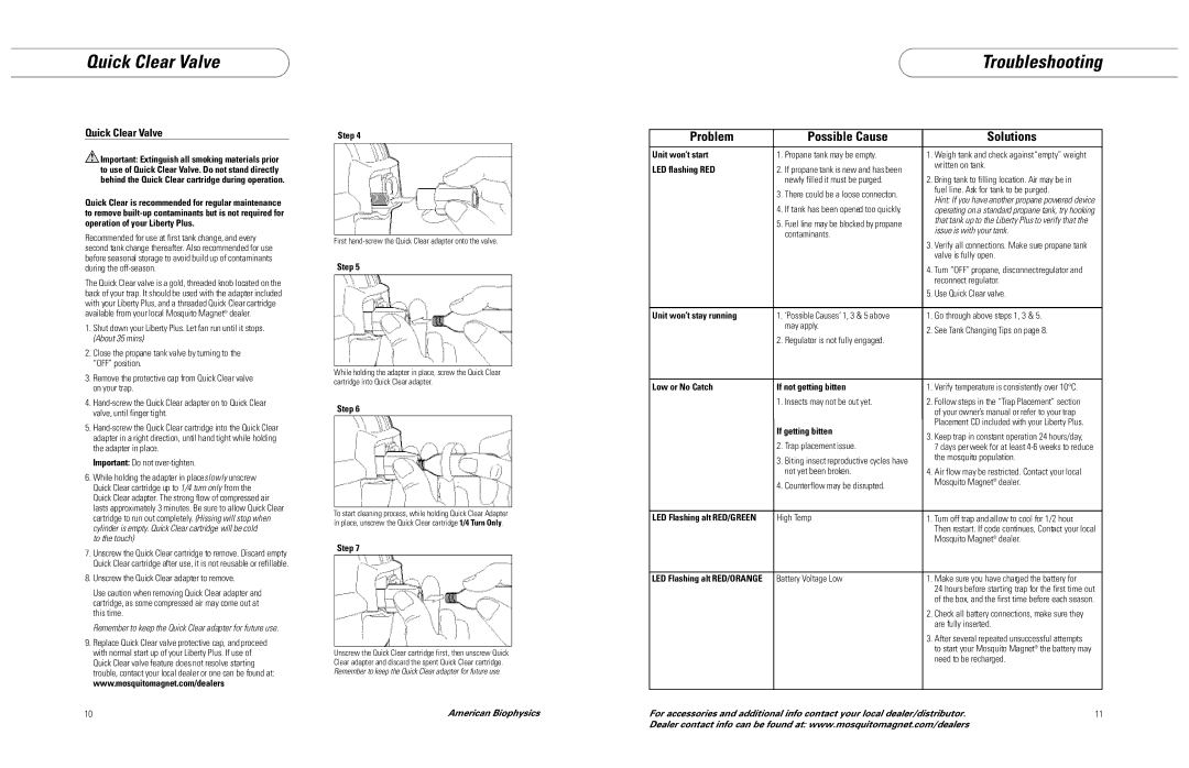 Mosquito Magnet LIBERTY PLUS manual Quick Clear Valve, Troubleshooting, Quick Clear Va l v e 