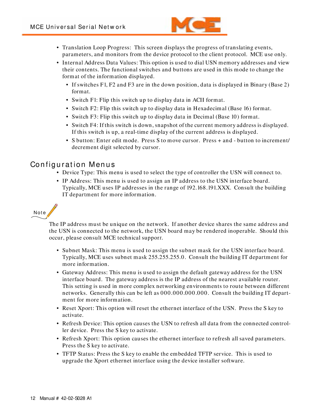 Motion 42-02-S028 manual Configuration Menus 