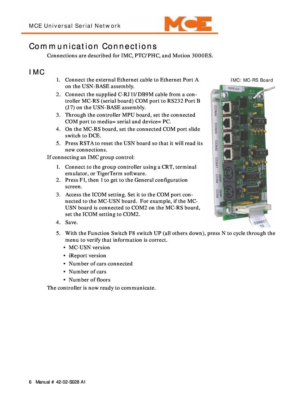Motion 42-02-S028 manual Communication Connections, MCE Universal Serial Network 