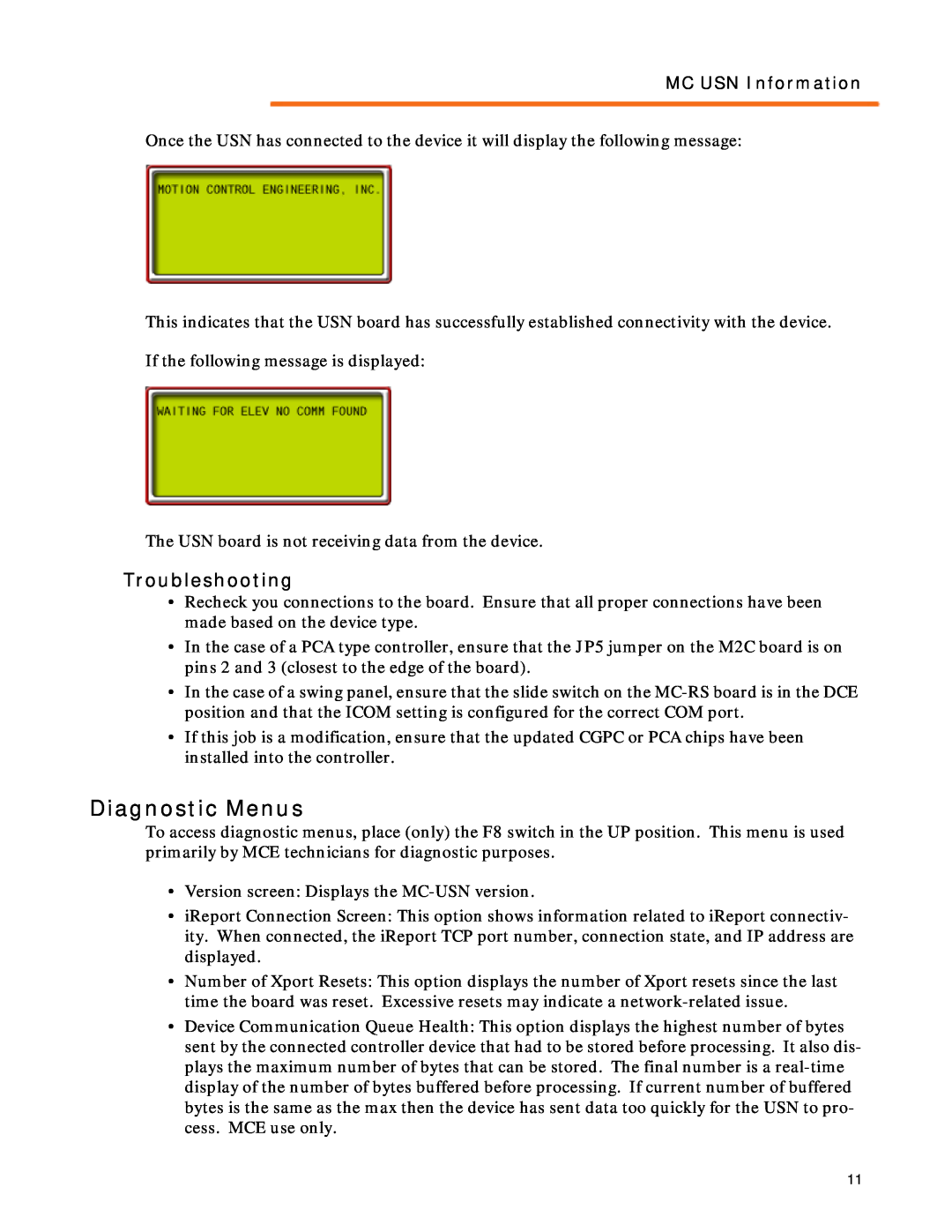 Motion 42-02-S028 manual Diagnostic Menus, Troubleshooting, MC USN Information 