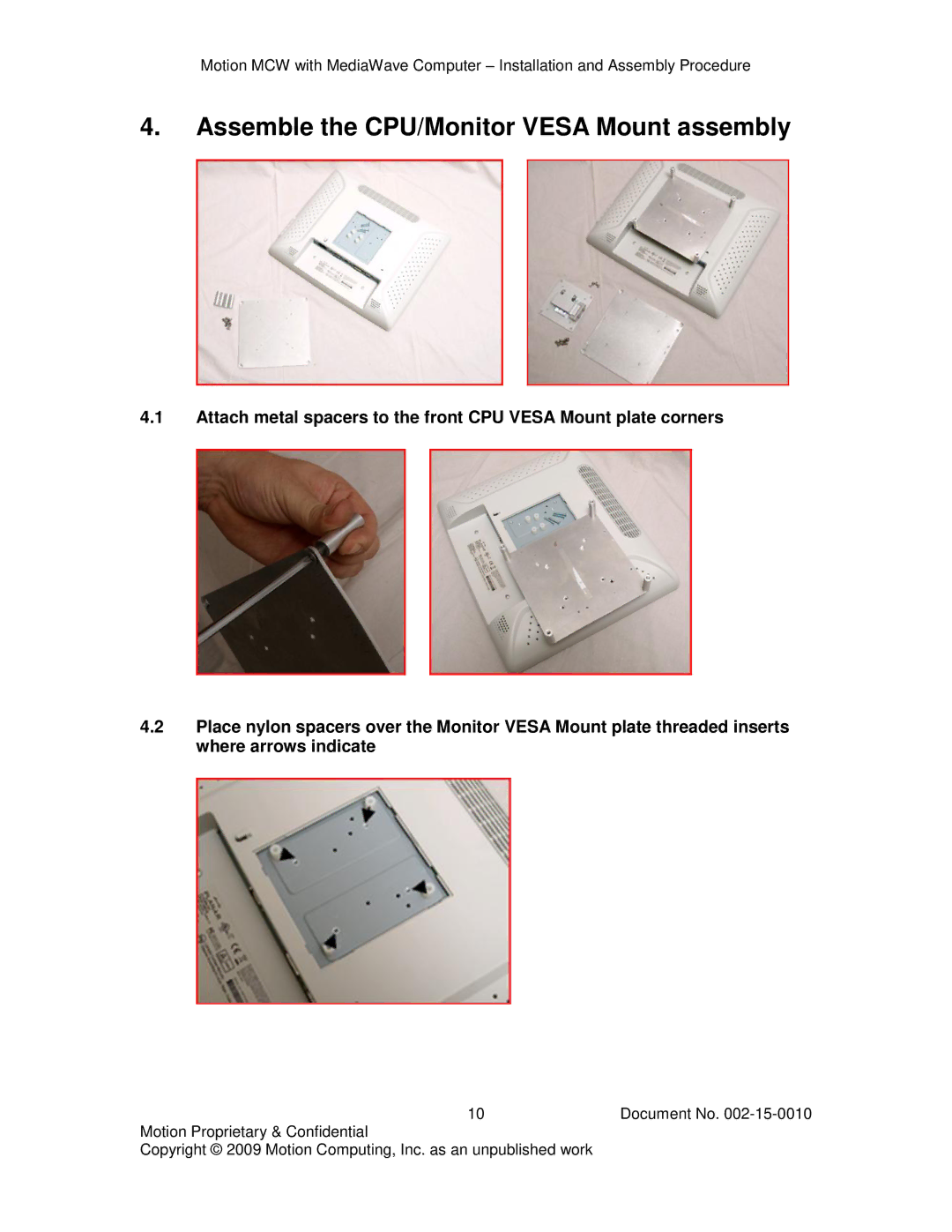 Motion Computing 002-15-0010 manual Assemble the CPU/Monitor Vesa Mount assembly 