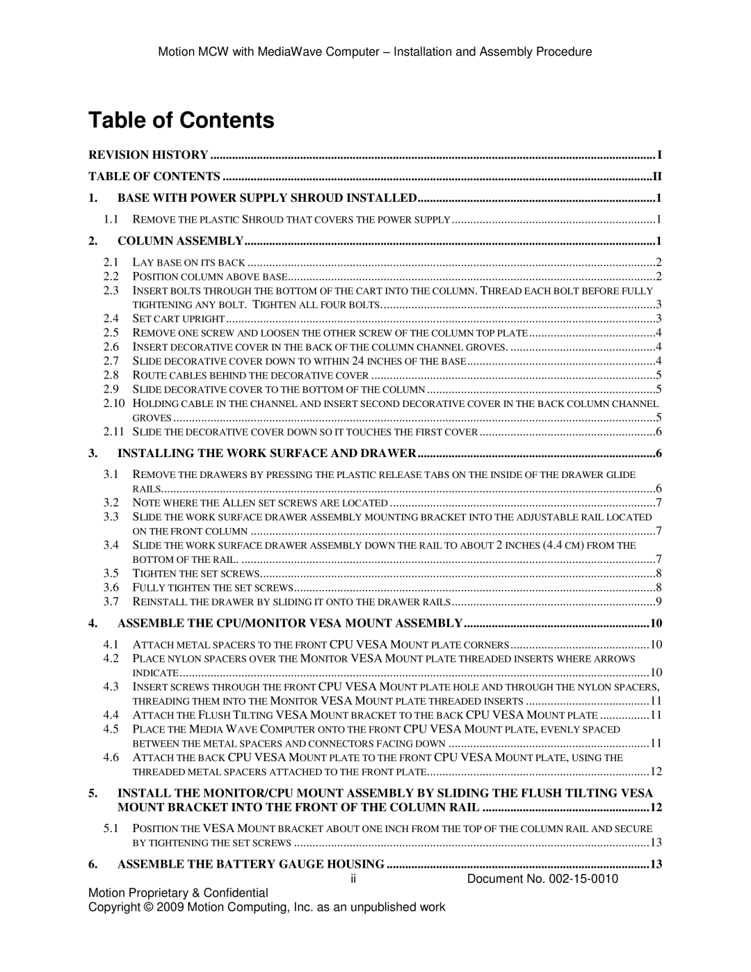 Motion Computing 002-15-0010 manual Table of Contents 