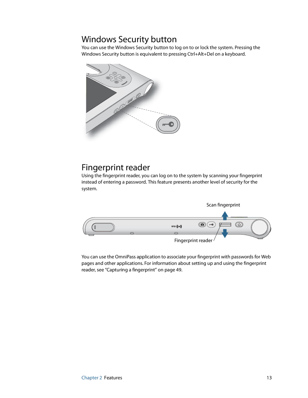 Motion Computing F5, C5, GU3K2722 manual Windows Security button, Fingerprint reader 