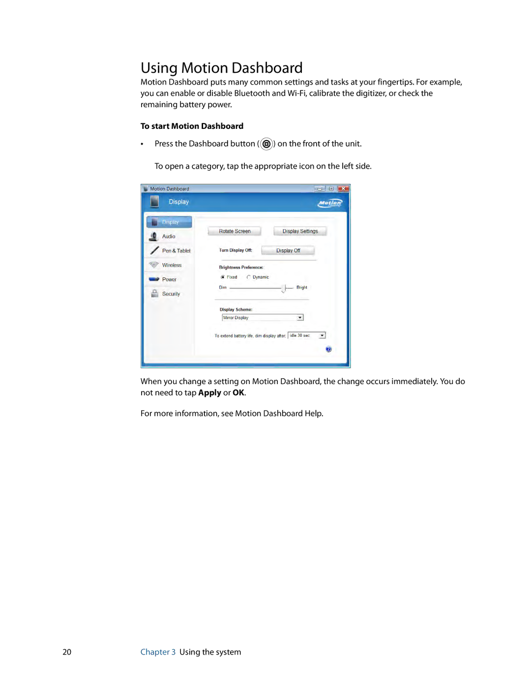 Motion Computing F5, C5, GU3K2722 manual Using Motion Dashboard, To start Motion Dashboard 