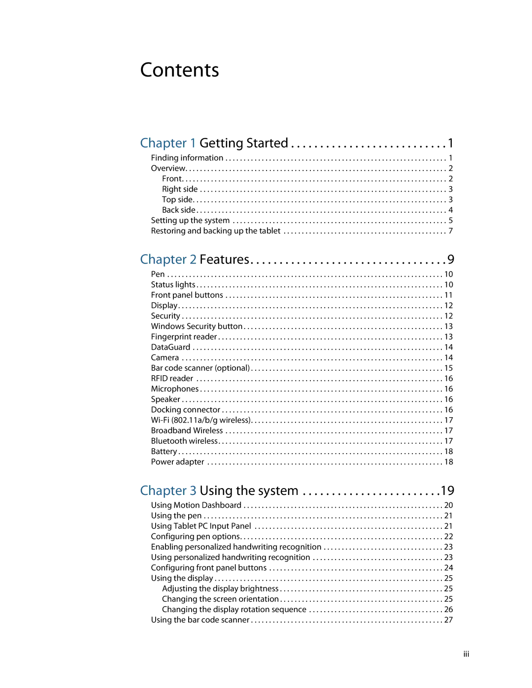 Motion Computing C5, F5, GU3K2722 manual Contents 