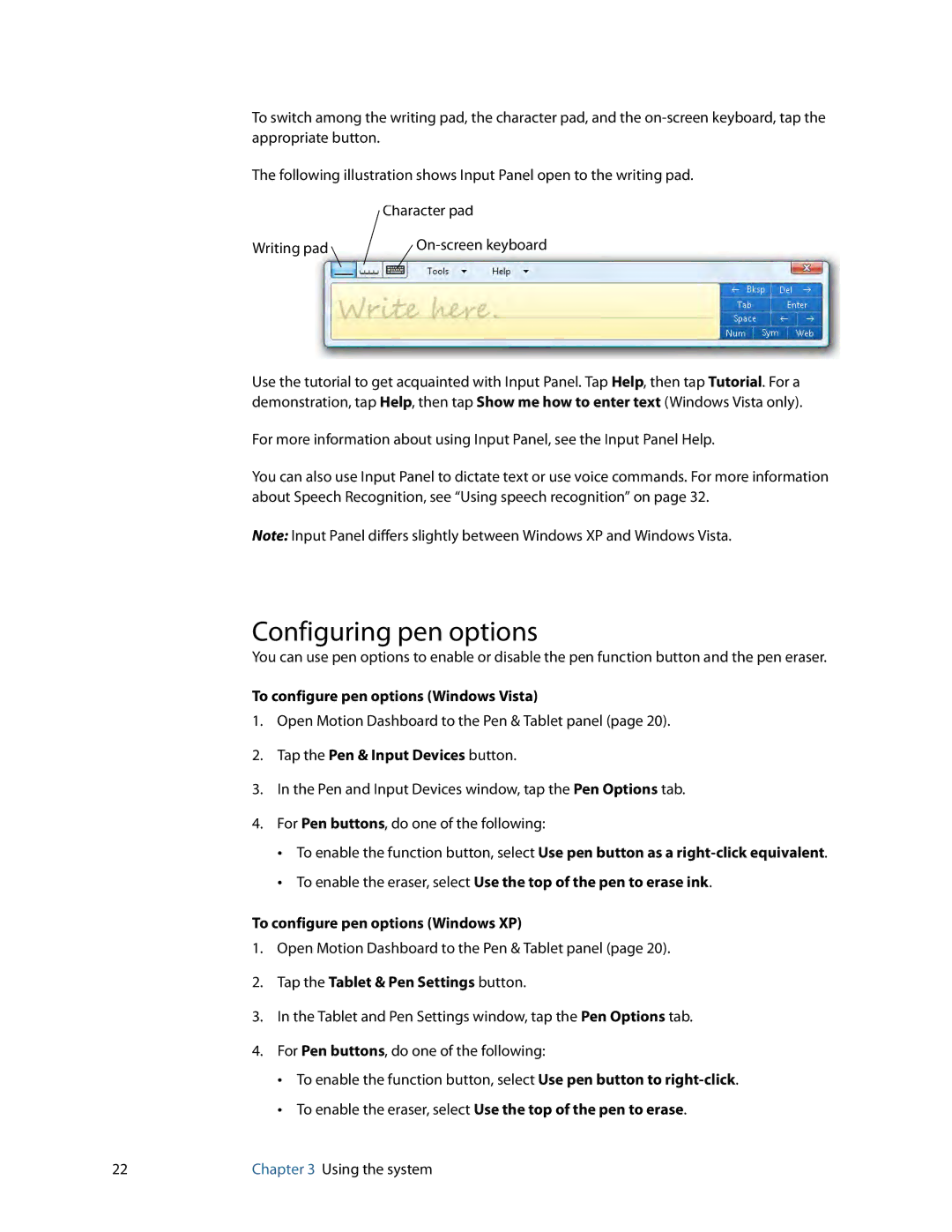 Motion Computing C5 Configuring pen options, To configure pen options Windows Vista, Tap the Pen & Input Devices button 