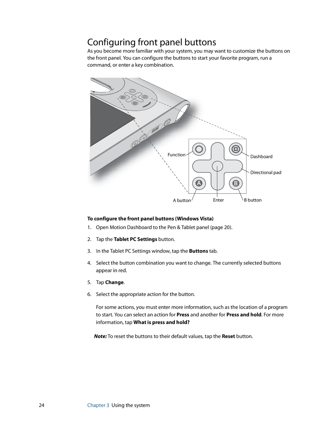 Motion Computing GU3K2722 Configuring front panel buttons, To configure the front panel buttons Windows Vista, Tap Change 