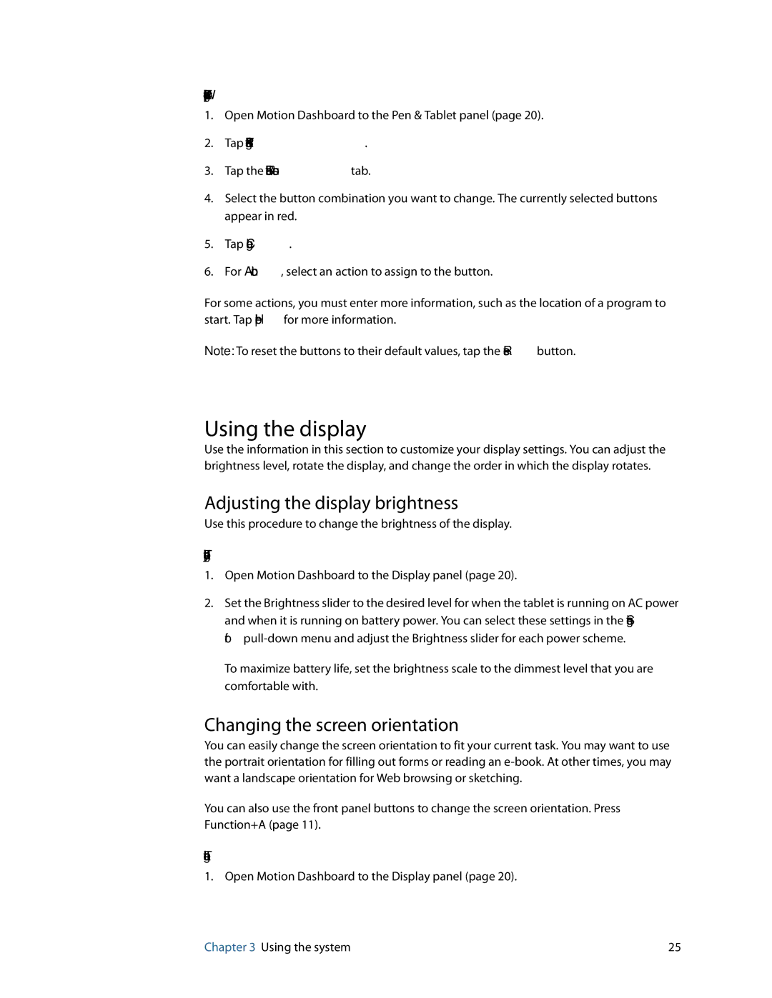 Motion Computing C5, F5, GU3K2722 manual Using the display, Adjusting the display brightness, Changing the screen orientation 