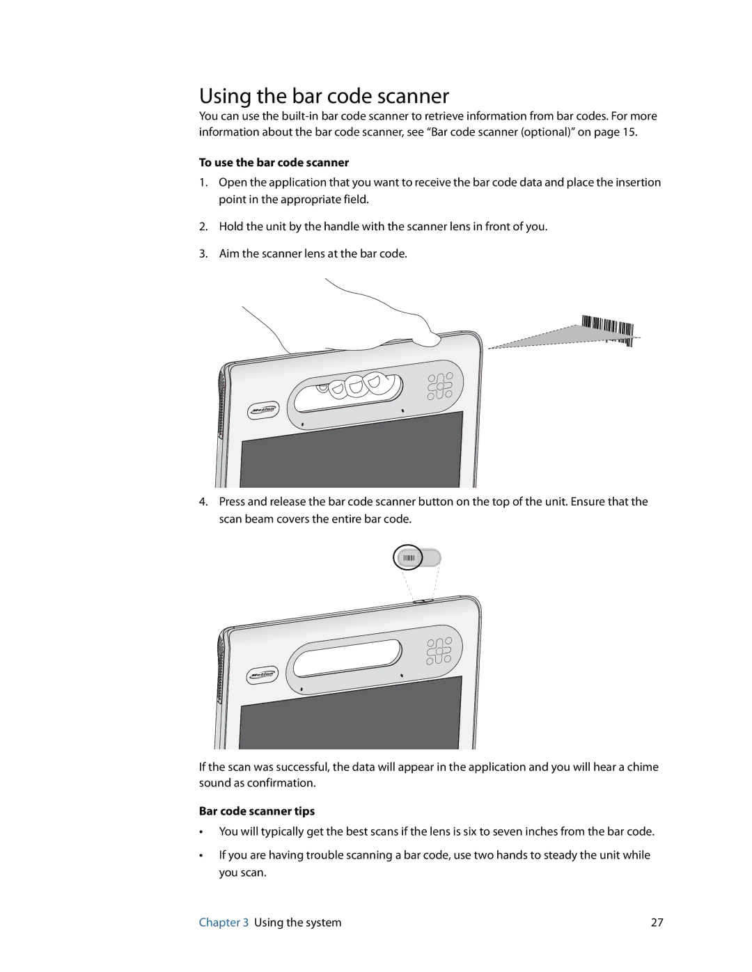 Motion Computing GU3K2722, C5, F5 manual Using the bar code scanner, To use the bar code scanner, Bar code scanner tips 