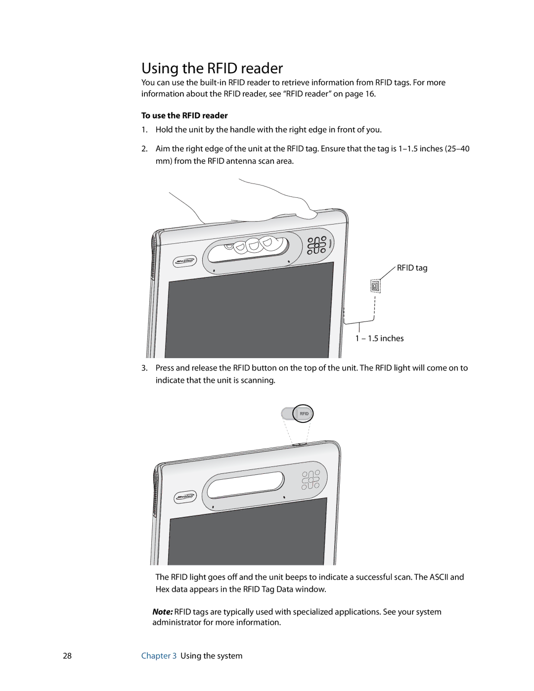 Motion Computing C5, F5, GU3K2722 manual Using the Rfid reader, To use the Rfid reader 