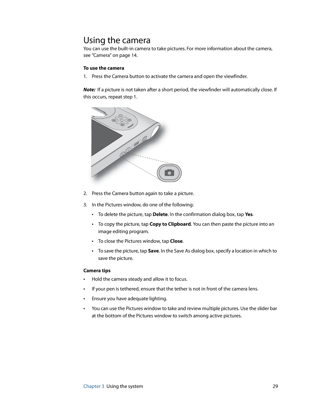 Motion Computing F5, C5, GU3K2722 manual Using the camera, To use the camera, Camera tips 