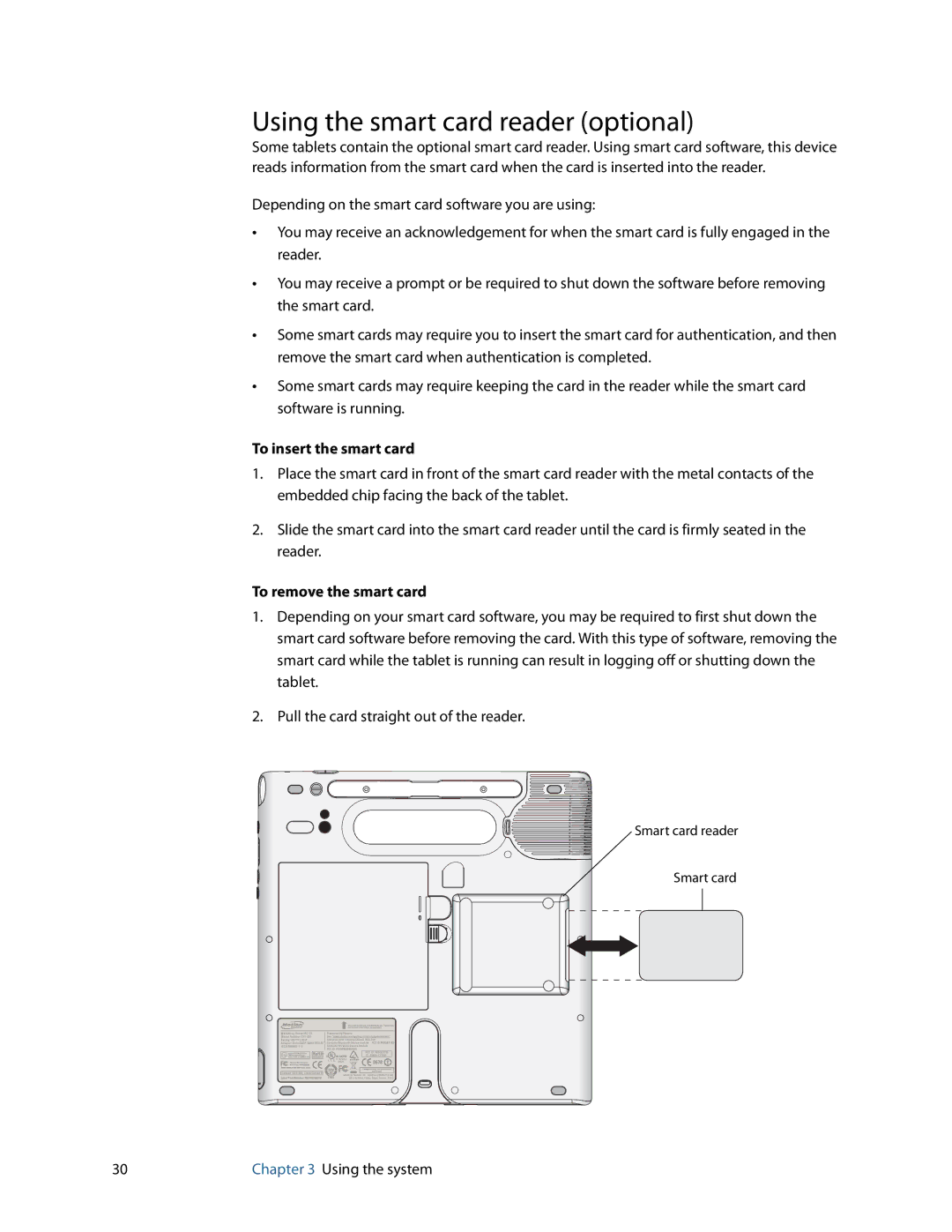 Motion Computing GU3K2722, C5, F5 Using the smart card reader optional, To insert the smart card, To remove the smart card 