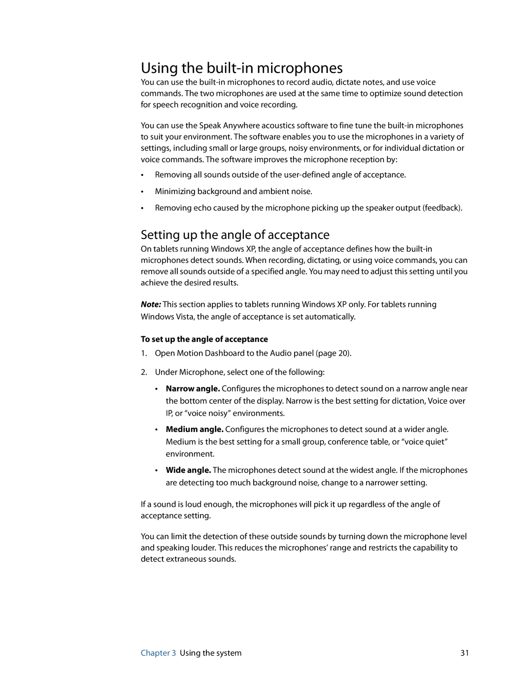 Motion Computing C5 Using the built-in microphones, Setting up the angle of acceptance, To set up the angle of acceptance 