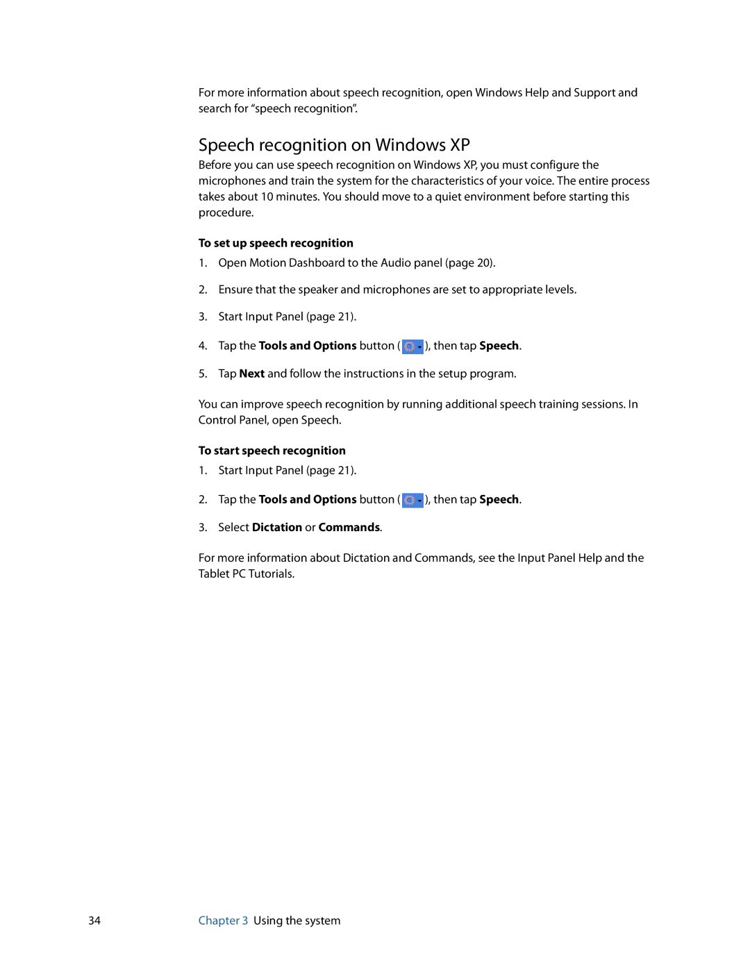 Motion Computing C5, F5 manual Speech recognition on Windows XP, To set up speech recognition, To start speech recognition 