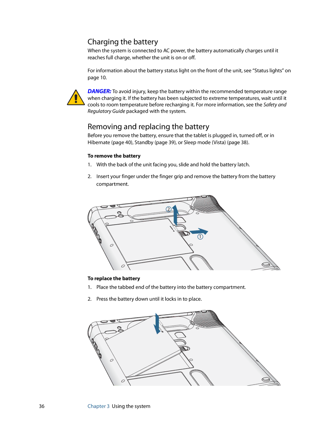 Motion Computing GU3K2722, C5, F5 manual Charging the battery, Removing and replacing the battery, To remove the battery 