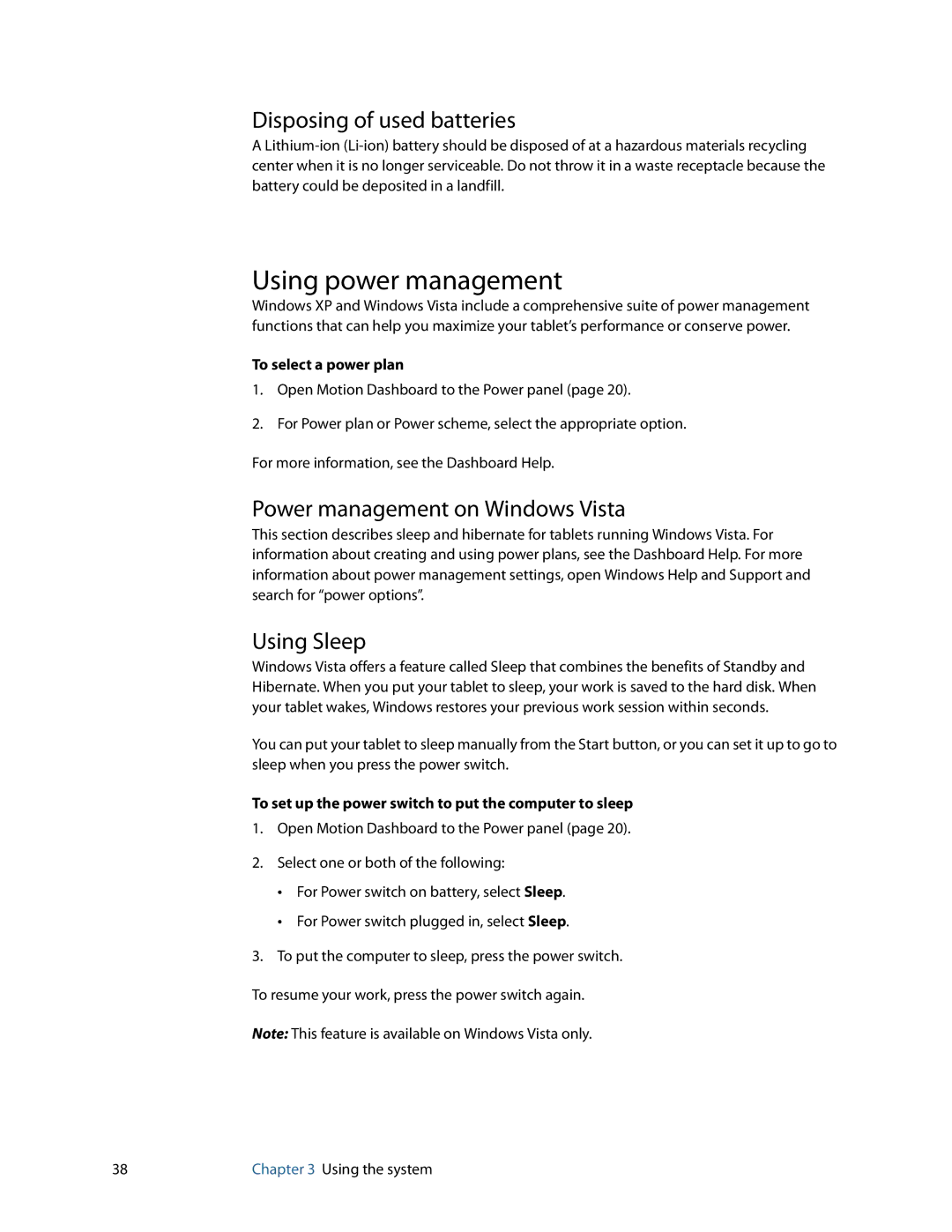 Motion Computing F5 Using power management, Disposing of used batteries, Power management on Windows Vista, Using Sleep 
