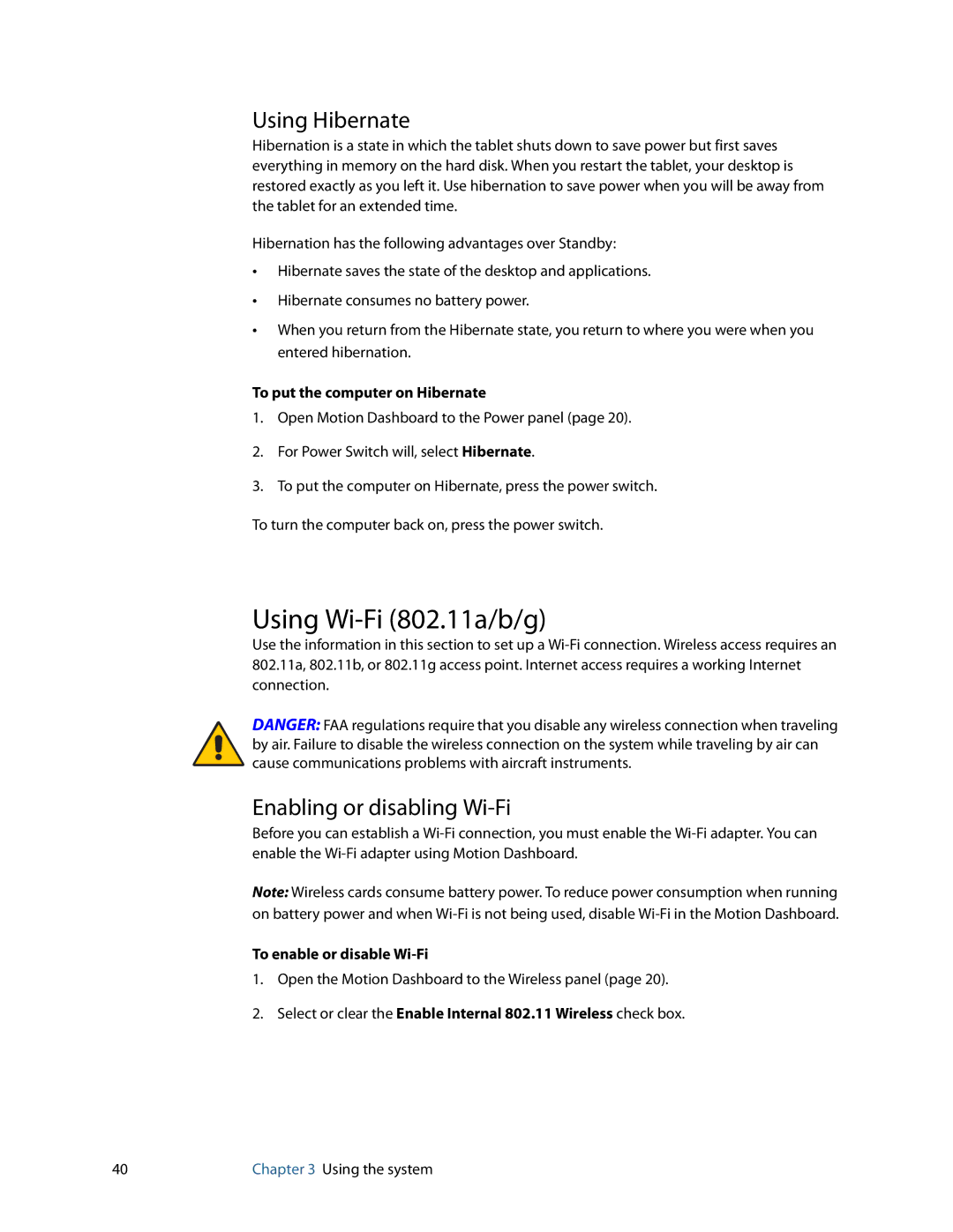 Motion Computing C5, F5, GU3K2722 Using Wi-Fi 802.11a/b/g, Enabling or disabling Wi-Fi, To put the computer on Hibernate 