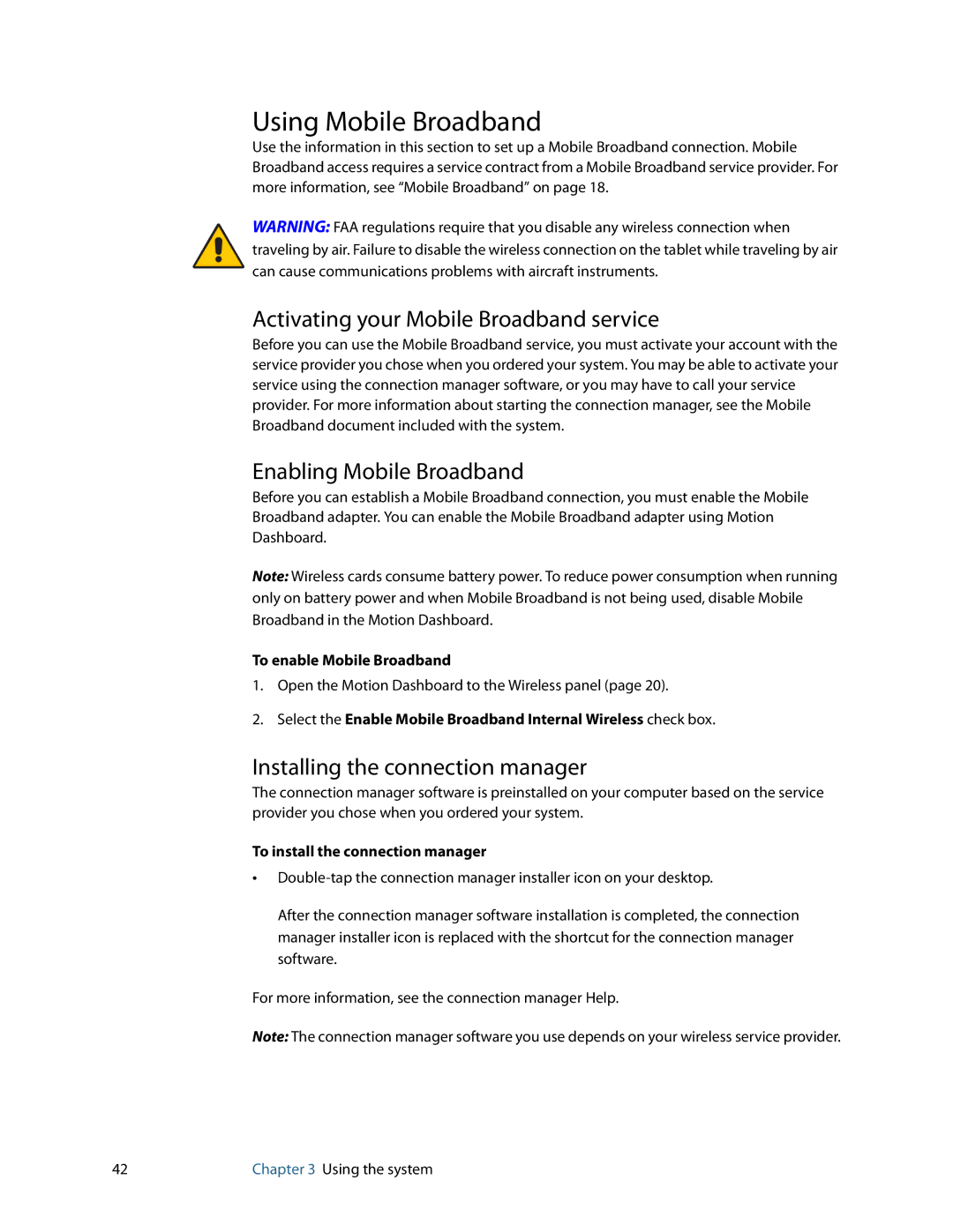 Motion Computing GU3K2722, C5 Using Mobile Broadband, Activating your Mobile Broadband service, Enabling Mobile Broadband 