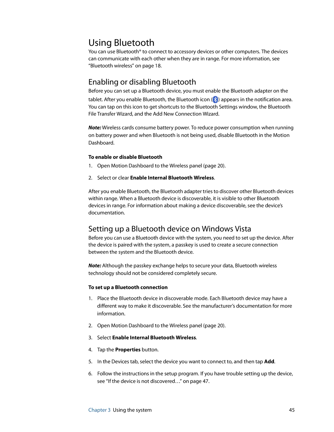 Motion Computing GU3K2722 Using Bluetooth, Enabling or disabling Bluetooth, Setting up a Bluetooth device on Windows Vista 