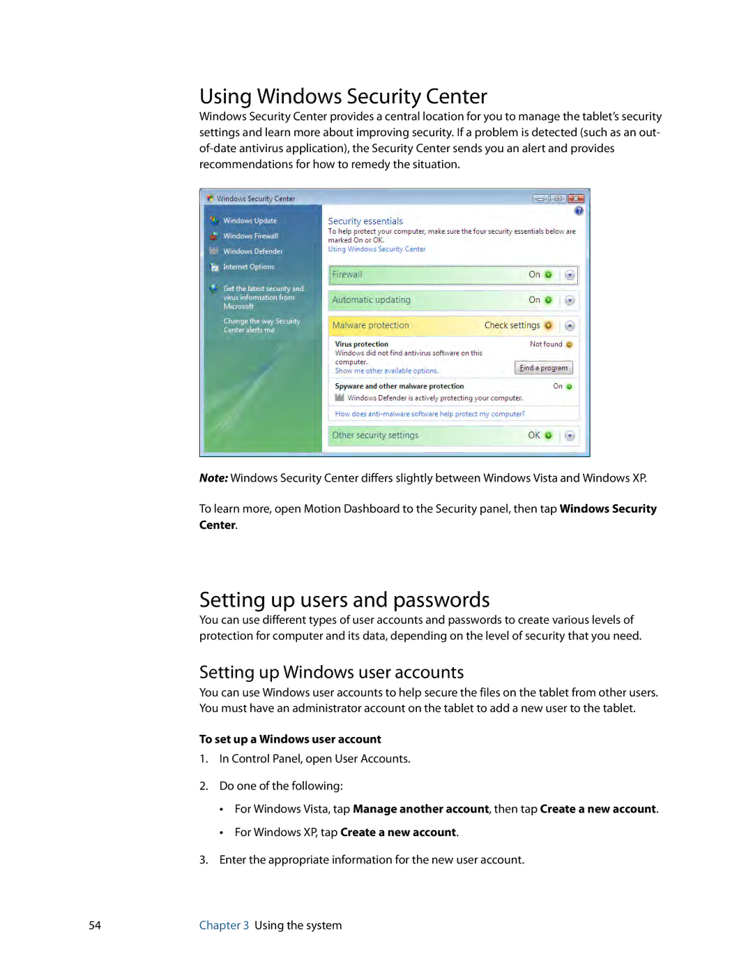 Motion Computing GU3K2722 Using Windows Security Center, Setting up users and passwords, Setting up Windows user accounts 