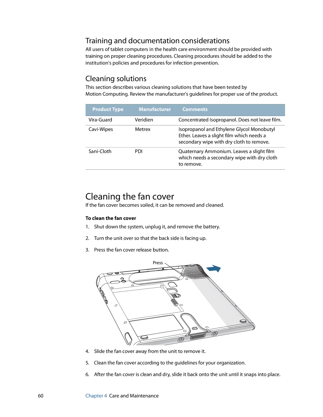 Motion Computing GU3K2722, C5, F5 Cleaning the fan cover, Training and documentation considerations, Cleaning solutions 