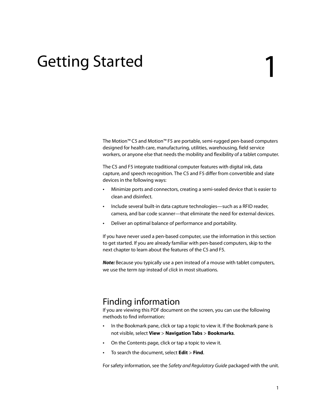 Motion Computing F5, C5, GU3K2722 manual Getting Started, Finding information 