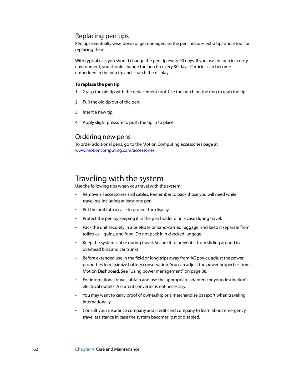 Motion Computing F5, C5, GU3K2722 Traveling with the system, Replacing pen tips, Ordering new pens, To replace the pen tip 
