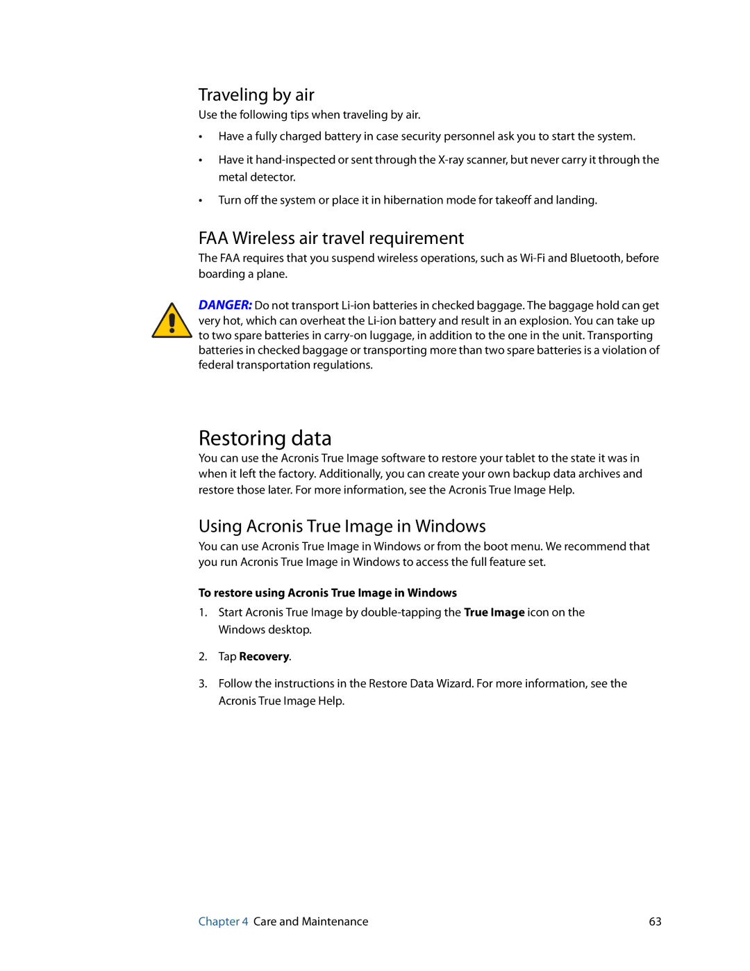 Motion Computing GU3K2722, C5, F5 manual Restoring data, Traveling by air, FAA Wireless air travel requirement 