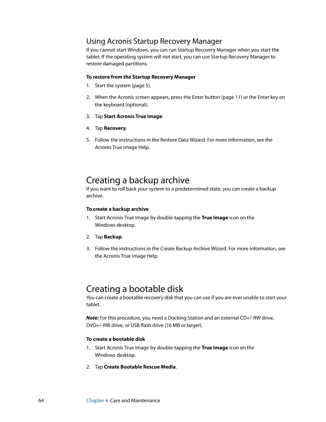 Motion Computing C5, F5 manual Creating a backup archive, Creating a bootable disk, Using Acronis Startup Recovery Manager 