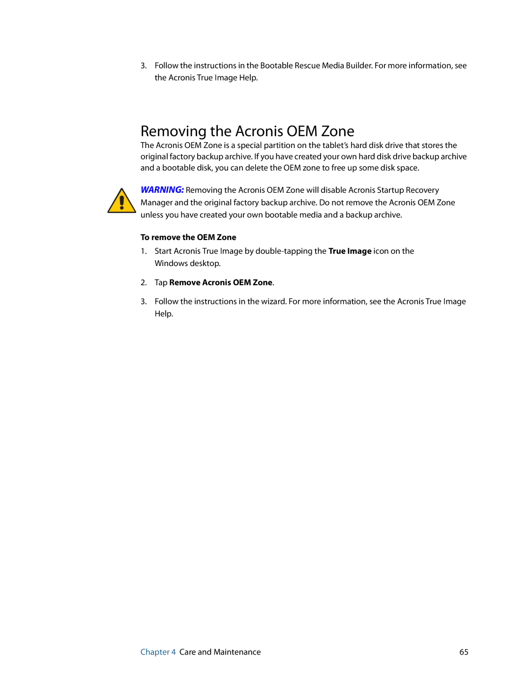 Motion Computing F5, C5, GU3K2722 manual Removing the Acronis OEM Zone, To remove the OEM Zone, Tap Remove Acronis OEM Zone 