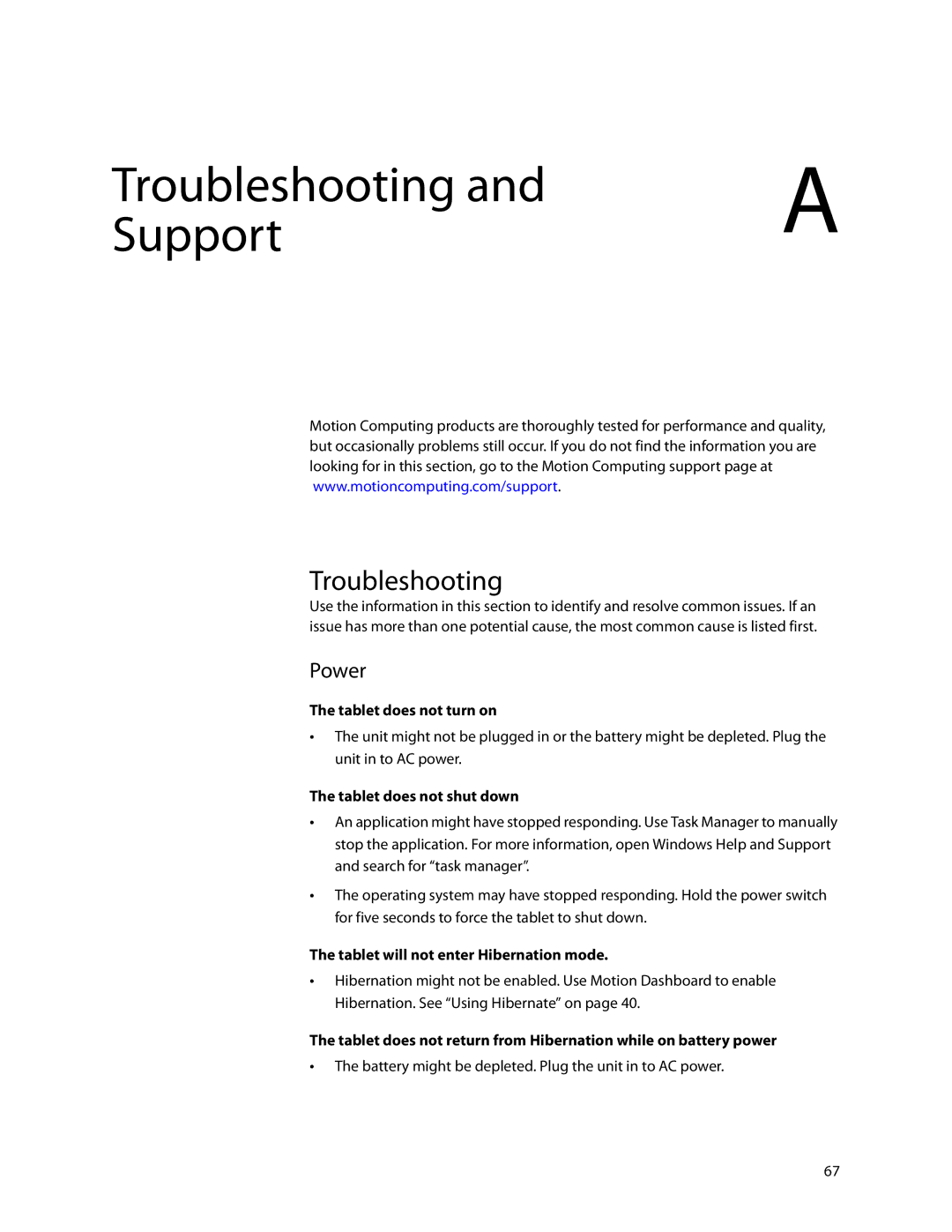 Motion Computing C5, F5, GU3K2722 manual Troubleshooting, Tablet does not turn on, Tablet does not shut down 