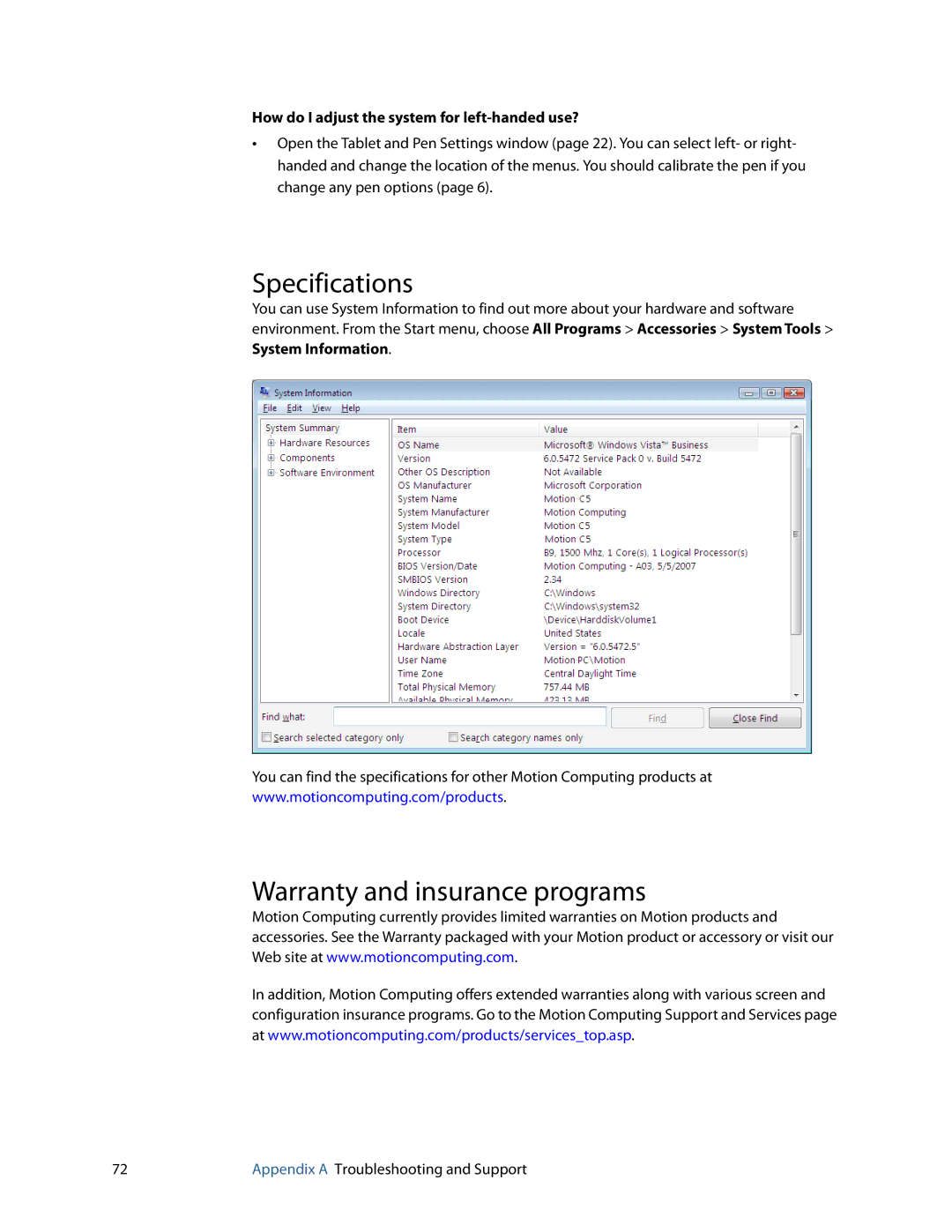 Motion Computing GU3K2722 Specifications, Warranty and insurance programs, How do I adjust the system for left-handed use? 