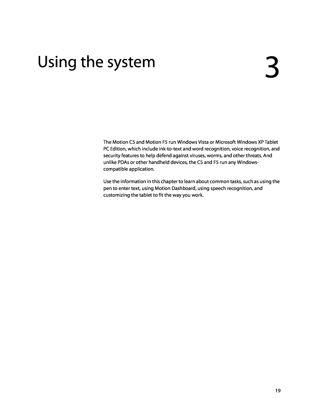 Motion Computing C5, F5, GU3K2722 manual Using the system 