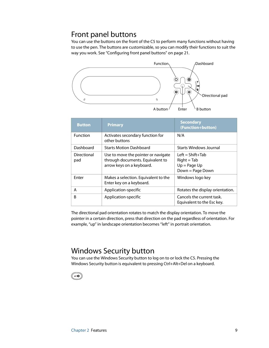 Motion Computing C5 manual Front panel buttons, Windows Security button 