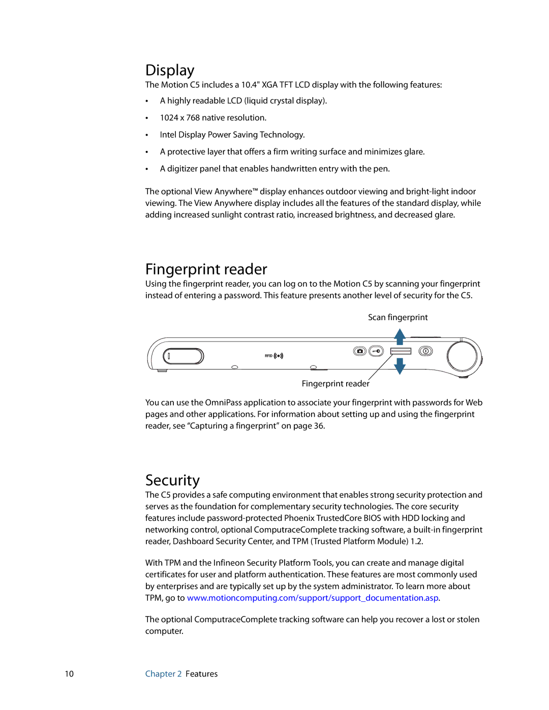 Motion Computing C5 manual Display, Fingerprint reader, Security 