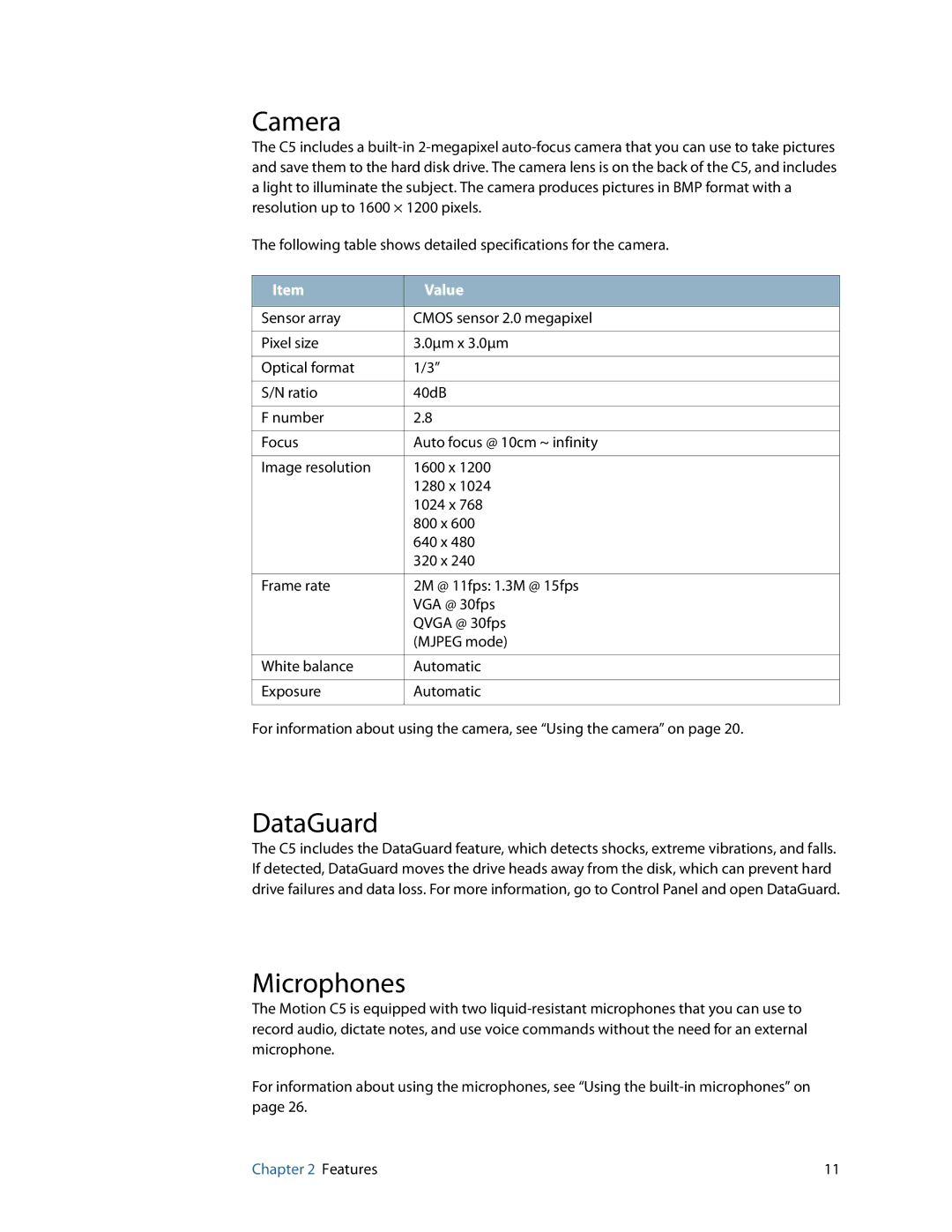 Motion Computing C5 manual Camera, DataGuard, Microphones 