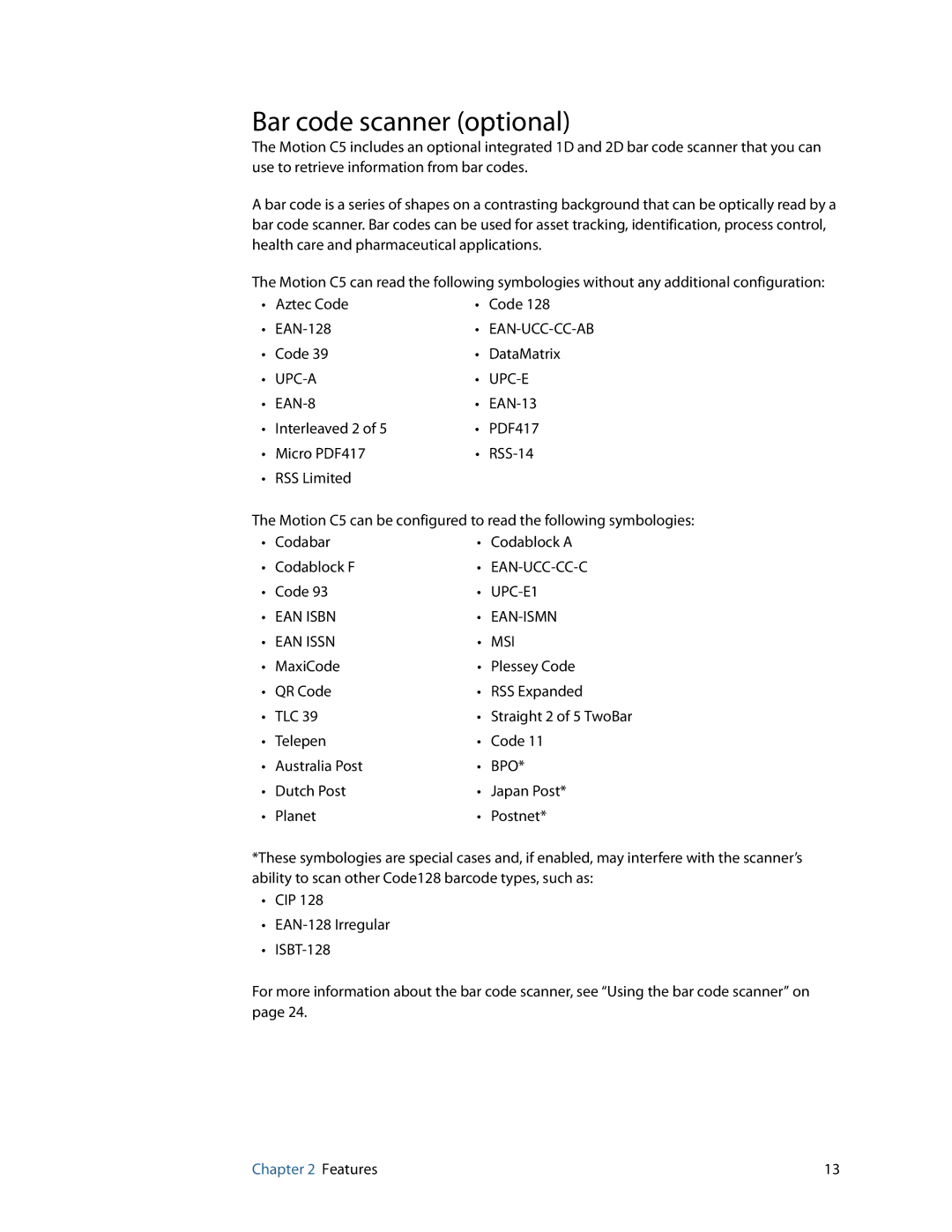 Motion Computing C5 manual Bar code scanner optional, Upc-A Upc-E 