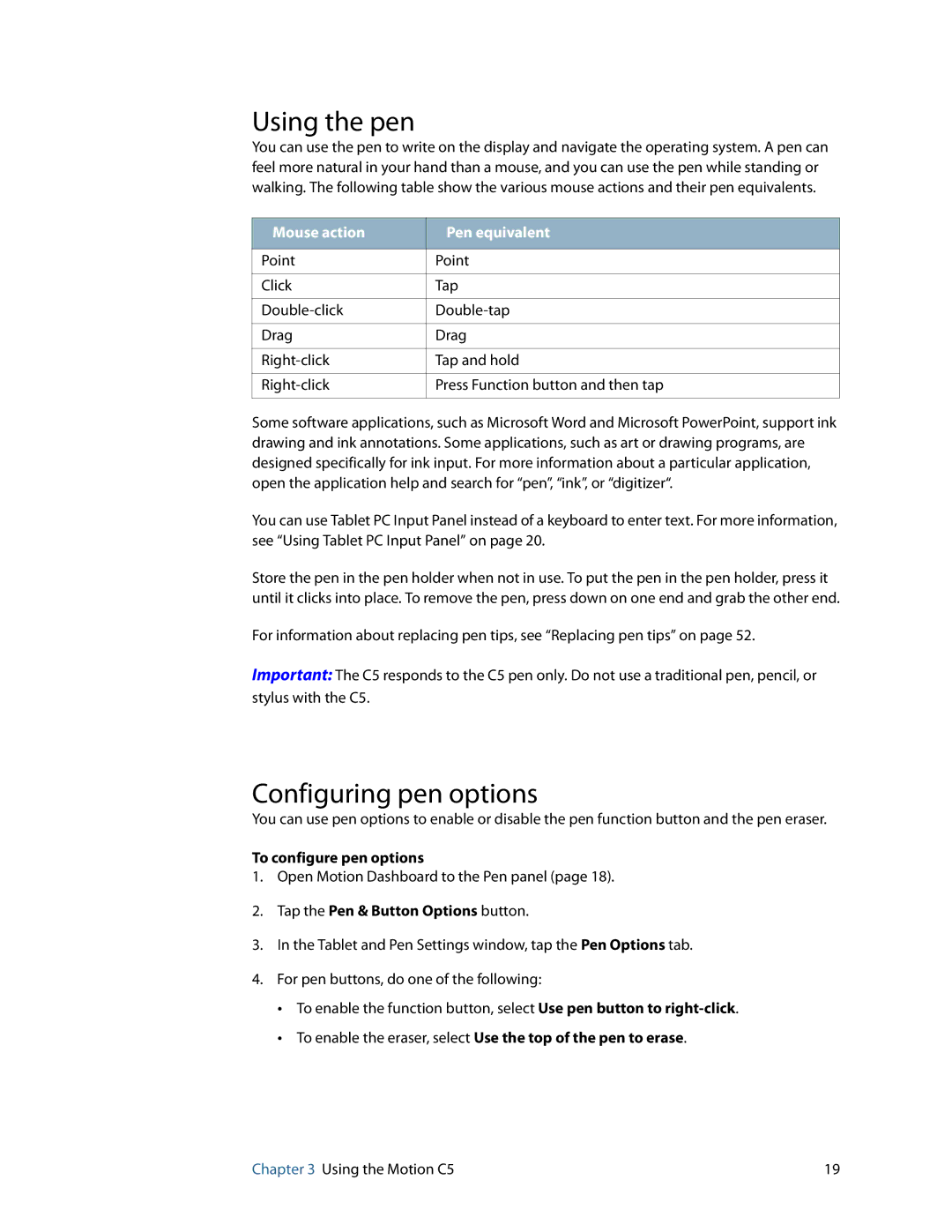 Motion Computing C5 Using the pen, Configuring pen options, To configure pen options, Tap the Pen & Button Options button 