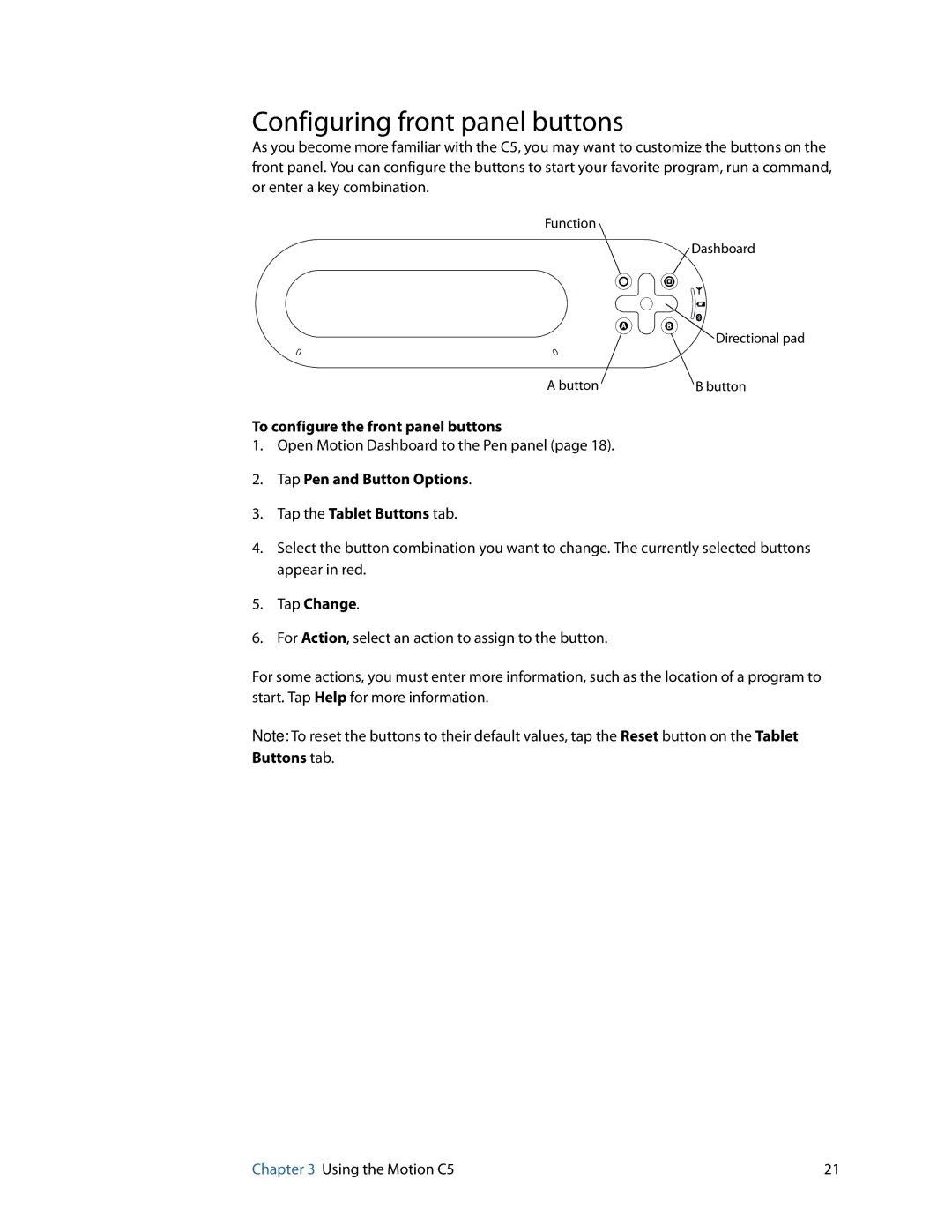 Motion Computing C5 manual Configuring front panel buttons, To configure the front panel buttons, Tap Change 