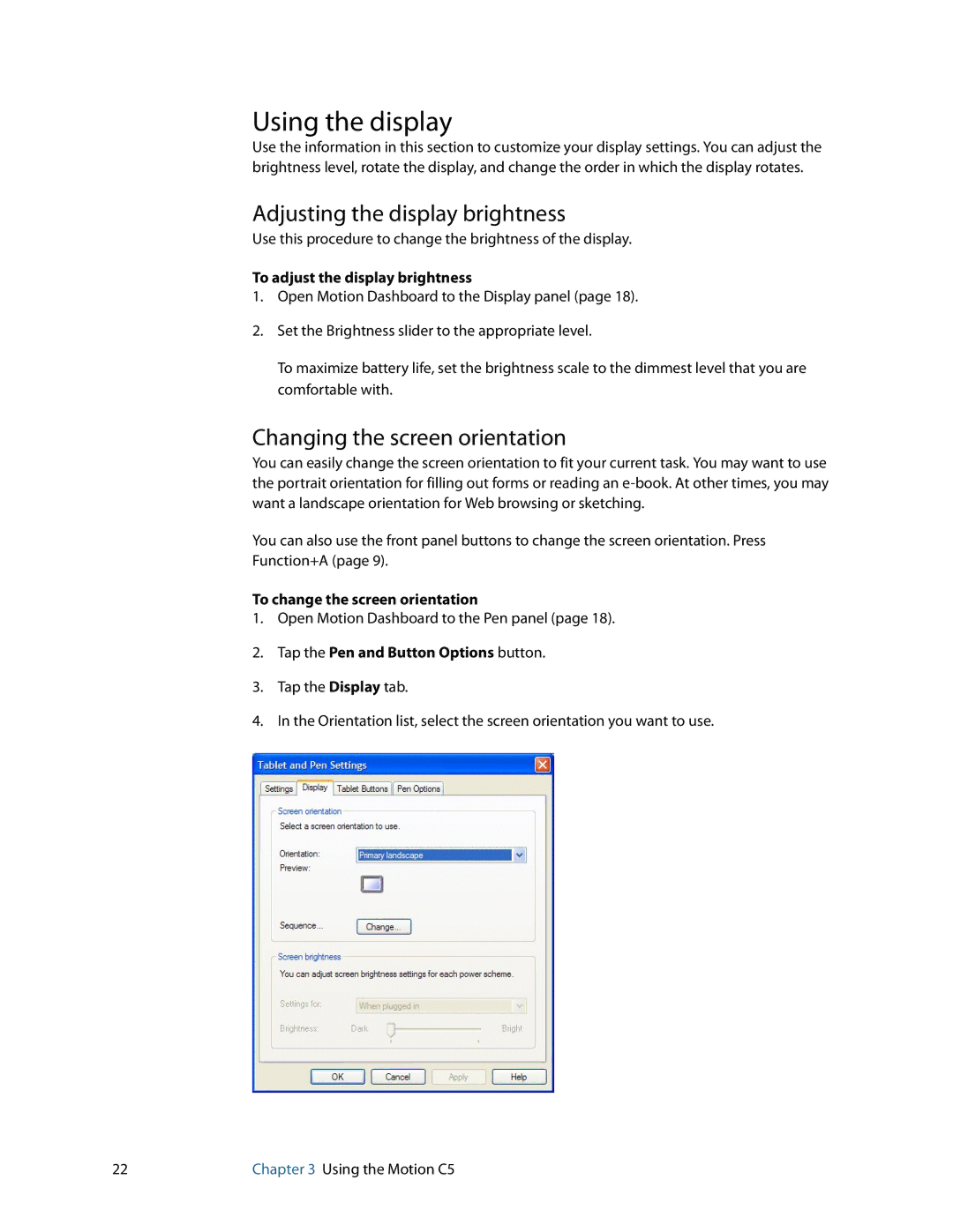 Motion Computing C5 manual Using the display, Adjusting the display brightness, Changing the screen orientation 