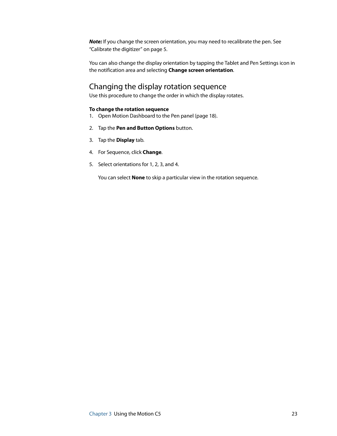 Motion Computing C5 manual Changing the display rotation sequence, To change the rotation sequence 