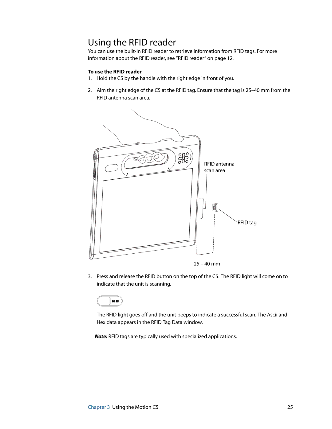 Motion Computing C5 manual Using the Rfid reader, To use the Rfid reader 