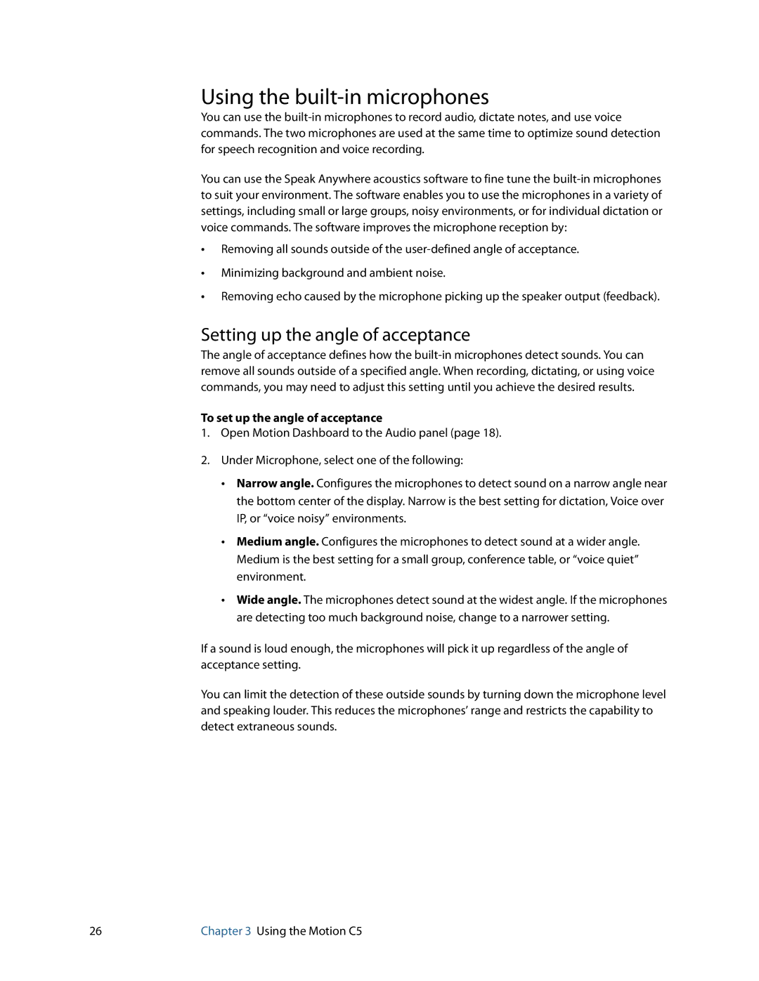 Motion Computing C5 Using the built-in microphones, Setting up the angle of acceptance, To set up the angle of acceptance 