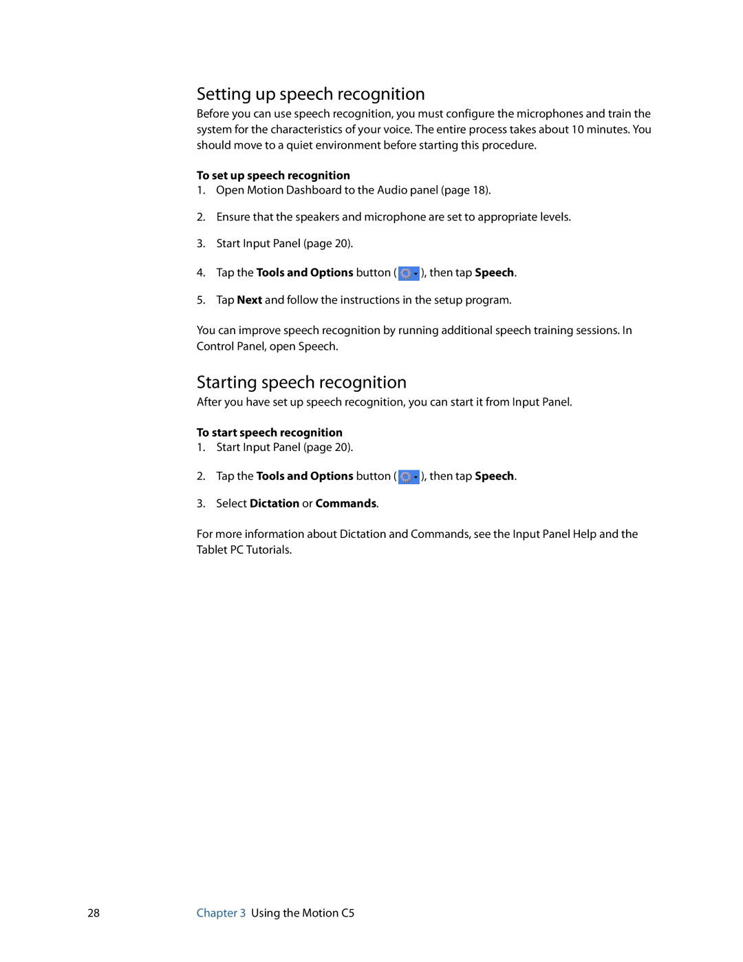 Motion Computing C5 manual Setting up speech recognition, Starting speech recognition, To set up speech recognition 