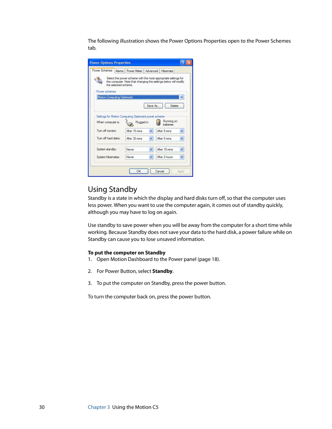 Motion Computing C5 manual Using Standby, To put the computer on Standby 