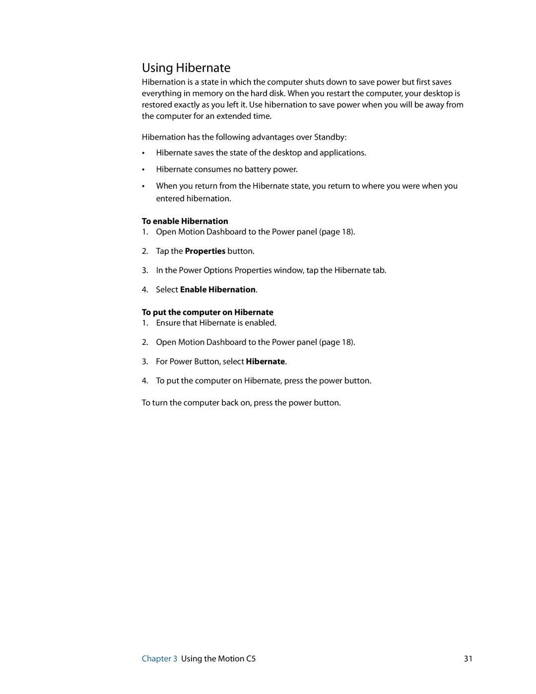 Motion Computing C5 Using Hibernate, To enable Hibernation, Select Enable Hibernation To put the computer on Hibernate 